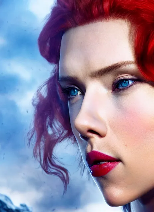 Image similar to scarlett johansson portraying a beautiful red sonja, beautiful scarlett johansson red sonja, movie, hyper realistic, hollywood promotional image, imax, 8 k