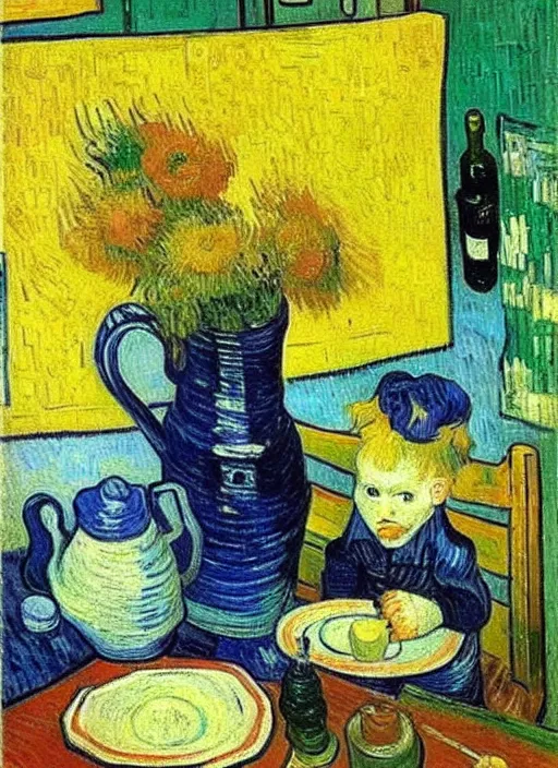 Image similar to good morning, van gogh painting breakfast on a canvas, painting by vincent van gogh, paul gauguin