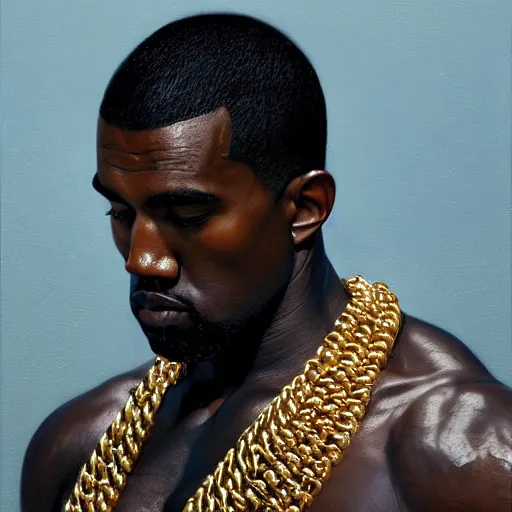 Image similar to detailed realistic cinematic wide shot of beautiful attractive muscular kanye west with gold chain wearing blue bath robe slim face symettrical face clean skin black eyes black robe smooth, sharp focus, ultra realistic, spring light, painting by gaston bussiere, craig mullins, j. c. leyendecker