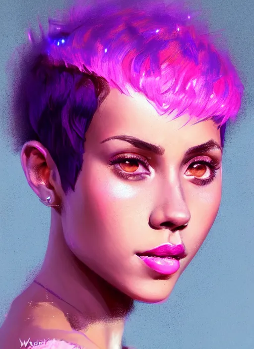 Prompt: portrait of vanessa morgan with bright pink hair, curly pixie cut hair, wearing a purple cap, breton cap, intricate, elegant, glowing lights, highly detailed, digital painting, artstation, concept art, smooth, sharp focus, illustration, art by wlop, mars ravelo and greg rutkowski