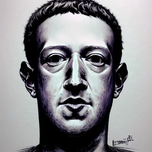 Prompt: beautifully detailed futuristic dystopian mugshot portrait of mark zuckerberg as highly augmented cyborg, pen, ink, copic marker, complex massive detail, by enki bilal