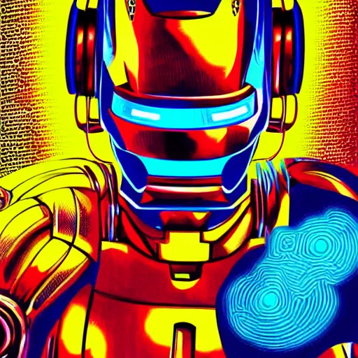 Prompt: artgerm, psychedelic laughing cybertronic ironman, rocking out, headphones dj rave, digital artwork, r. crumb, svg vector