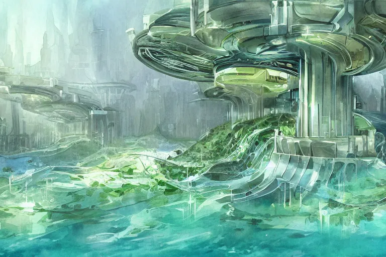 Prompt: watercolor artwork of futuristic underwater eco friendly city : : green, art nouveau, trending on artstation