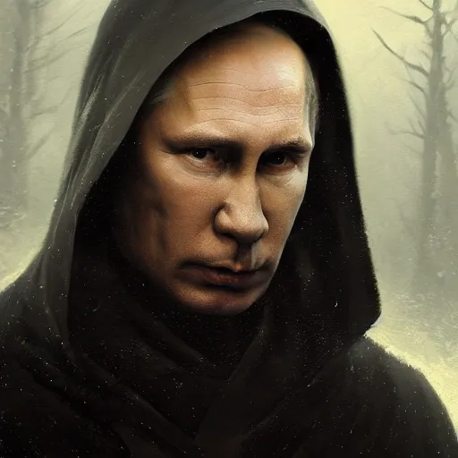 Prompt: portrait of Putin in a black cloak, glowing eyes, detailed face, highly detailed, cinematic lighting, digital art painting by greg rutkowski.