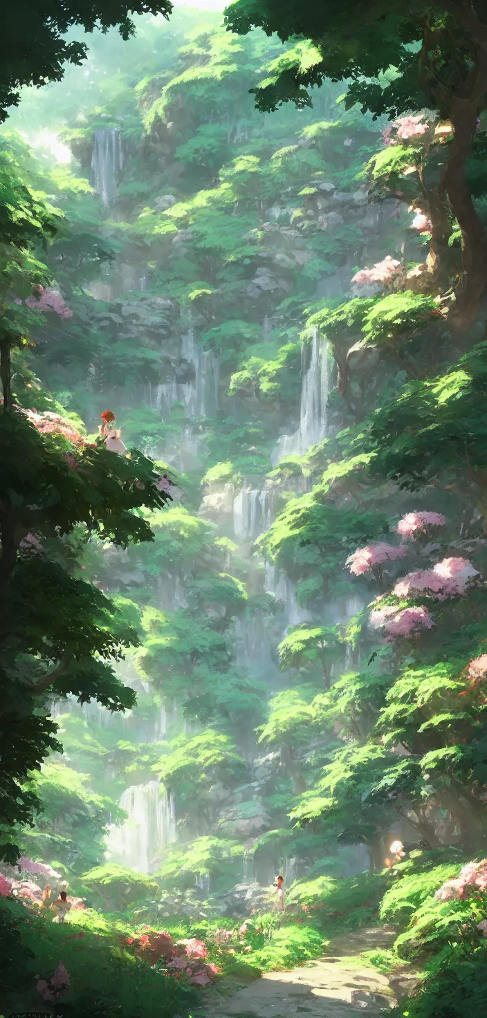 Image similar to village in the woods with a flower garden near a waterfall, gapmoe kuudere moody lighting stunning bokeh highlights sharp contrast | trending pixiv fanbox | by greg rutkowski makoto shinkai takashi takeuchi studio ghibli