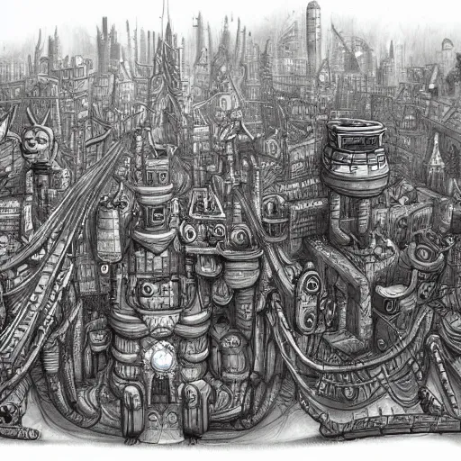 Prompt: machinarium city, sketch, fantasy style, super high detail, super high quality, talented artist, trending on artstation