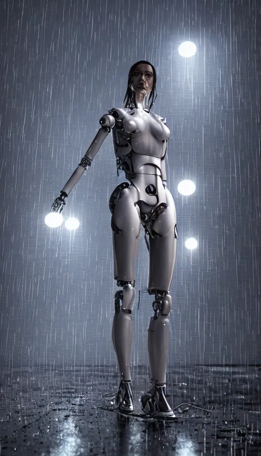 Prompt: thin female bio-mechanical cyborg, wet tiny LED lights illuminate, night time, drizzling raining, rooftop downtown tokyo, atmospheric broken wires exposed, wet machine parts, perfect anatomy, full body portrait, based on Saroyama, centered body portrait, photorealistic, 8K, octane render, volumetric lighting, Unreal Engine, trending on Artstation, hyper realistic, cinematic