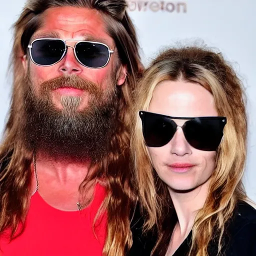 Prompt: 3 9 - year - old french bearded long - haired yoga punk singer wearing wraparound sunglasses. he also works as a commercial model and actor. looks like brad pitt. standing next to his loving girlfriend.