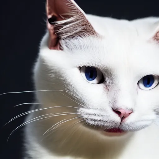 Prompt: A photograph of a white cat with black fur around her eyes sticking tongue out, looking at camera, 8k