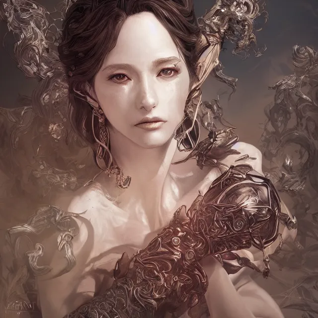 Image similar to the portrait of the lawful evil sorceress personified as an absurdly beautiful, graceful, elegant, sophisticated, mature woman, an ultrafine hyperdetailed illustration by kim jung gi, irakli nadar, intricate linework, bright colors, octopath traveler, final fantasy, unreal engine 5 highly rendered, global illumination, radiant light, detailed and intricate environment