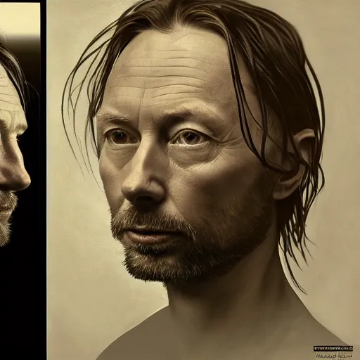 Image similar to collages, hyper realistic, many variations portrait of very old thom yorke, face variations, singer songwriter, ( side ) profile, liminal space, by lee bermejo, alphonse mucha and greg rutkowski, greybeard, smooth face