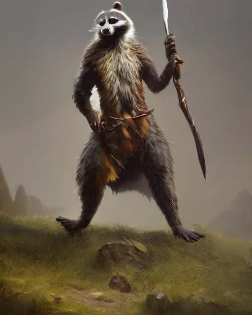 Image similar to oil painting of Anthropomorphized Racoon, holding spear, wearing hunter coat, proud look, full body, sharp focus, fantasy style, octane render, volumetric lighting, 8k high definition, by greg rutkowski, highly detailed, trending on art Station, magic the gathering artwork, woodland backround