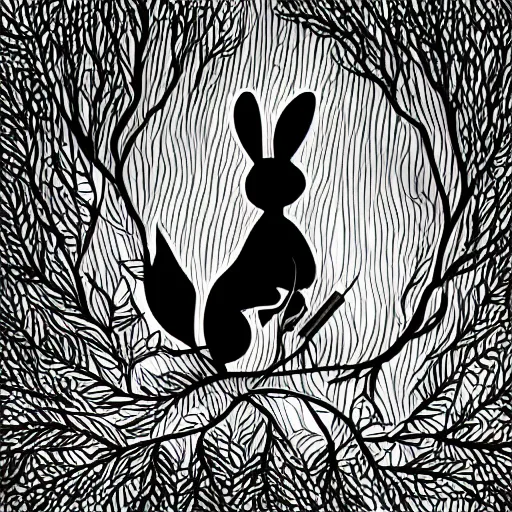 Prompt: black - and - white line art illustration of a playful, wry rabbit deep in a tangled forest, smoking a cigarette, with smoke rising, whimsical masterpiece