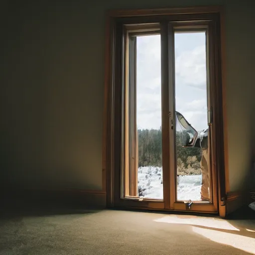 Image similar to person in pyjamas standing near window, turned back to camera, cinematography, sun rays, daylight, big french door window, big spatious room, carpet at the floor, wide shot 2 4 mm, anamorphic shot lens, walls at left and right sides, window at the center, wooden floor, modern, winter sun, photorealistic, high ceiling