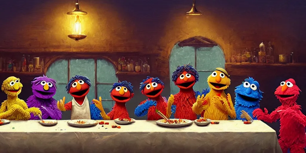 Image similar to sesame street last supper by greg rutkowski, digital painting, trending on artstation, sharp focus, 4 k