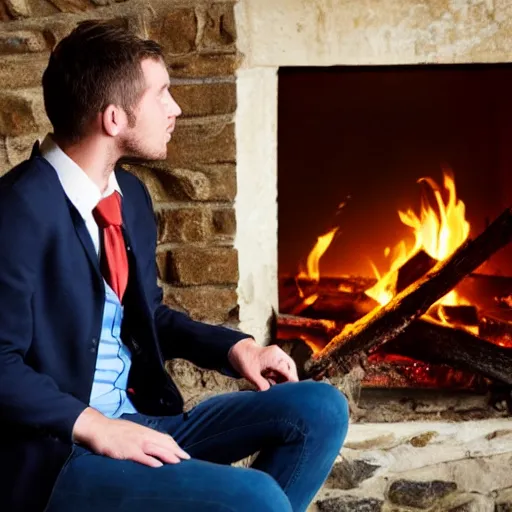 Prompt: man in a waistcoat staring at a log fire jelious girlfriend, 1 5 0 mm lighting effect