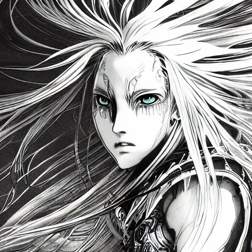 Image similar to yoshitaka amano realistic illustration of an anime girl with black eyes, wavy white hair fluttering in the wind and cracks on her face wearing elden ring armour with engraving, abstract black and white patterns on the background, noisy film grain effect, highly detailed, renaissance oil painting, weird portrait angle, blurred lost edges, three quarter view