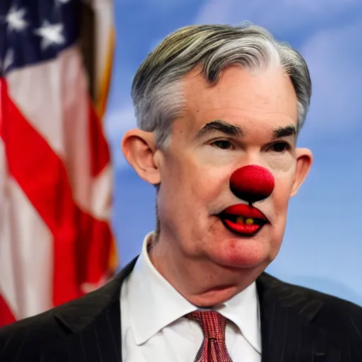 Image similar to Jerome Powell with colorful clown makeup all over his face whiteface