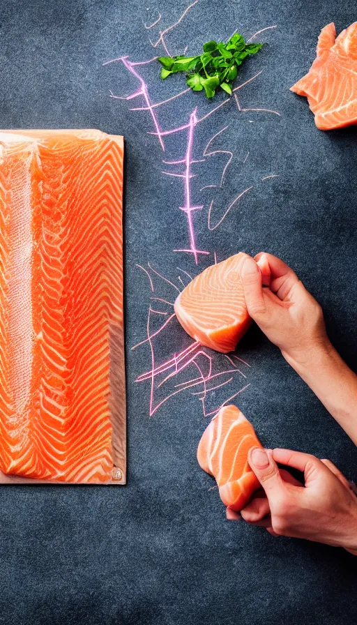 Image similar to lovely afternoon dappled sunlight photograph: top down view of two hands preparing salmon glowing with projection-mapped glowing ruler lines notating the meat volume like a graduated cylinder, slicing a cut of salmon, laser projector shining a bright line of a glowing hologram notation of where to cut