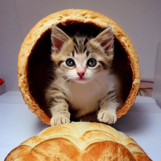 Image similar to kitten living inside a bread, hyper detailed