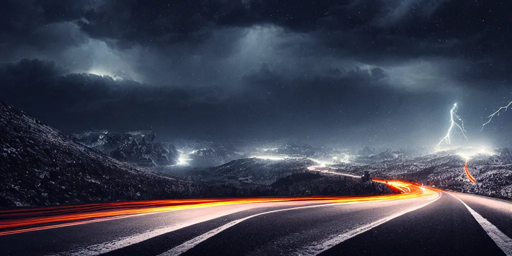 Prompt: snowy mountain road at night, lightning sky lit up with cosmic radiation, style of greg rutkowski, ominous creatures on the road, 8 k resolution, highly detailed illustration,