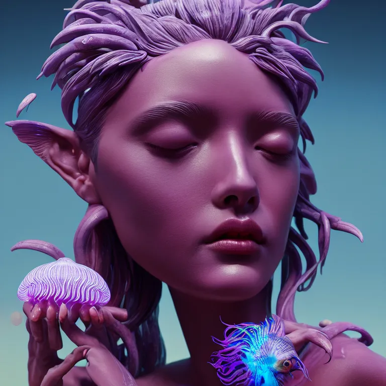 Image similar to goddess full painted acryllic sculpture close-up portrait. orchid bird phoenix jellyfish betta fish, intricate artwork by Tooth Wu and wlop and beeple. octane render, trending on artstation, greg rutkowski very coherent symmetrical artwork. cinematic, hyper realism, high detail, octane render, 8k