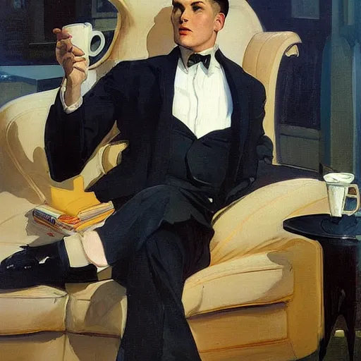 Image similar to man in futurist room with coffee and black suit by leyendecker and dean cornwell, 8 feet from the camera, 6 0 ´ s futurist furniture