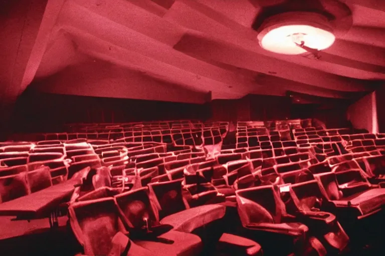 Prompt: a dark conference auditorium with a small crowd, atmospheric and obscure, red neon light, by roger deakins, cinematography, syd mead, dave mckean