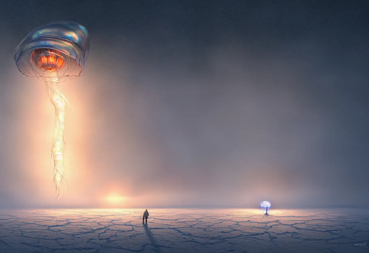 Prompt: strange transparent iridescent alien jellyfish emerging from surface of another frozen winter planet at sunset, ultra high definition, ultra detailed, symmetry, fog, matte painting, by greg rutkowski and ross tran and wlop