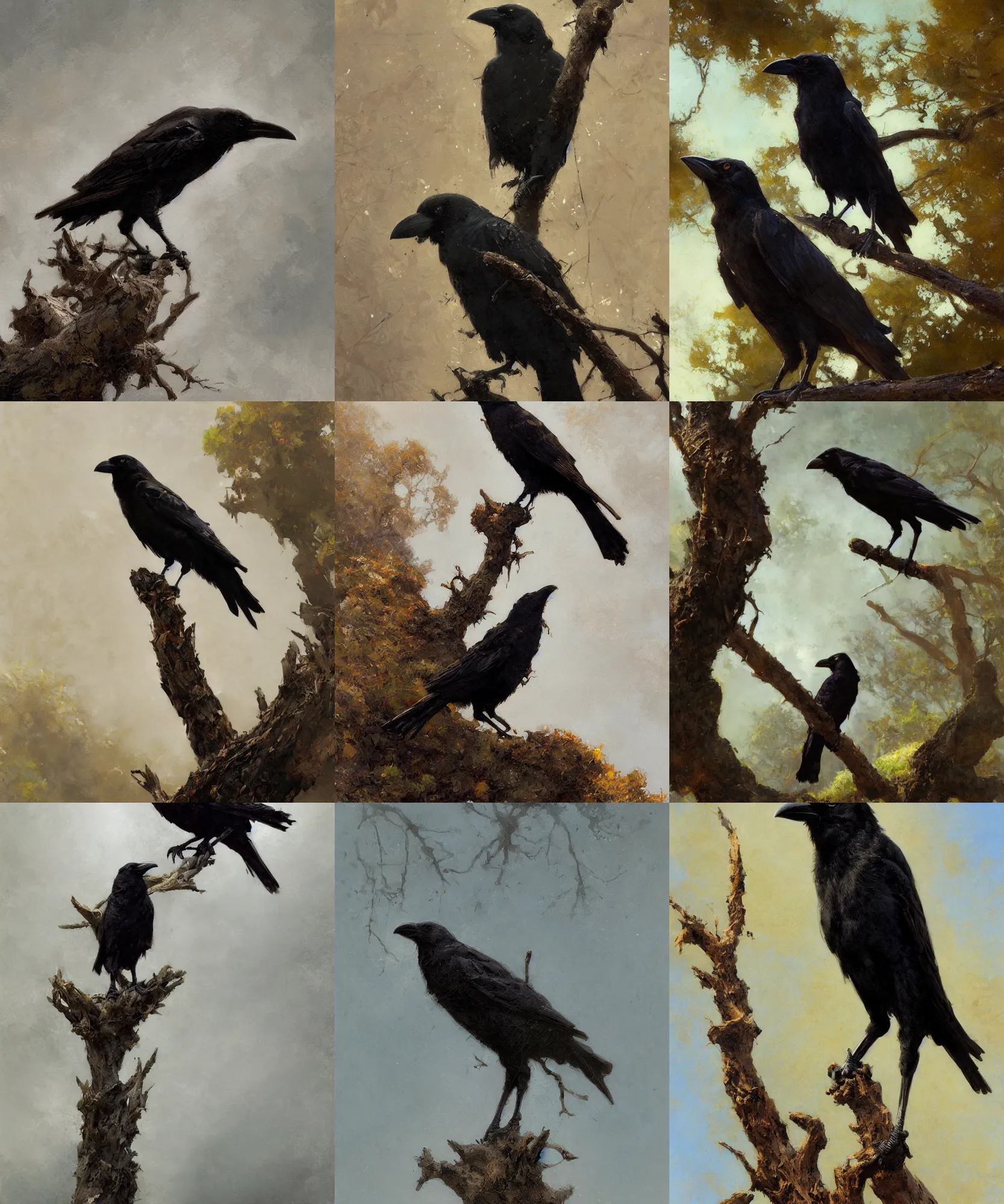 Prompt: low angle view of a crow standing on a tree branch painted by craig mullins and gaston bussiere and greg rutkowski, symmetrical face, defined facial features, symmetrical facial features, dramatic lighting