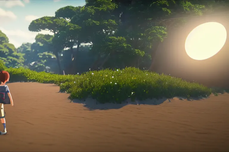 Image similar to game trailer of a semi realistic first person studio ghibli, pixar and disney animation, sharp, shooter game trailer on a shining beach, beach landscape, rendered in unreal engine 5, cinematic lighting, ray tracing, unreal engine 5, photorealistic