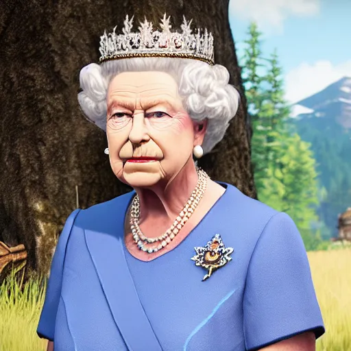 Image similar to queen elizabeth as an npc in far cry 5, ingame screenshot, 1080p