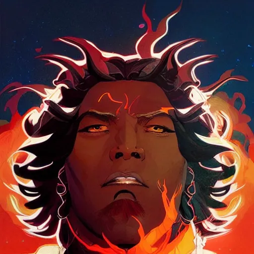 Image similar to Joshua Middleton comic art, A large black bison deity with bright fiery eyes, Dark Bison God, thick black smoke, nebulous, stormy skies, midnight, indigo, Ancient Mesoamerican god, American Gods