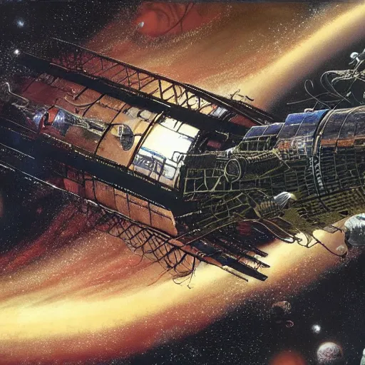 Prompt: abandoned space station, peter elson, tony roberts, jim burns