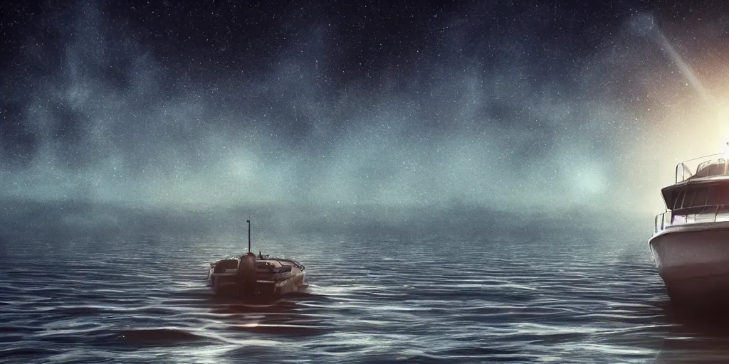 Image similar to a highly detailed realistic photographic render of a boat in a sea of stars, surreal, cinematic lighting, cinematic scene, volumetric lighting, atmospheric scene, dark, mystery, atmospheric lighting, realistic, photo realism, hyper realistic, hyper realism, photo realisitc, cinematic render, film, beautifully lit, ray traced, octane 3 d render, octane render, unreal engine