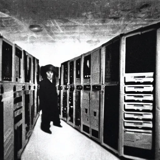 Image similar to grainy underexposed photo of Marcel Duchamp in a machine room full of ancient computers, tri-x, Trent Parke, Rinko Kawaichi, archival pigment print, occult dream, contemporary art