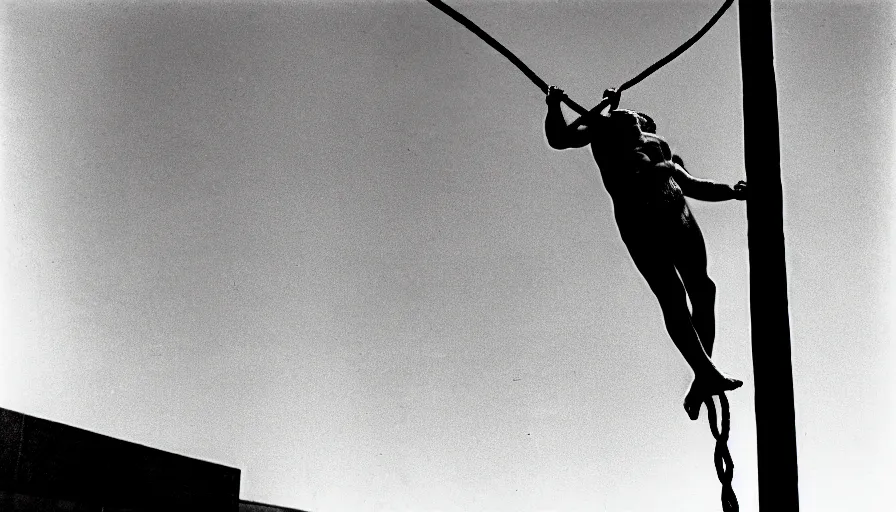 Image similar to 1 9 6 0 s movie still close - up of marcus atilius regulus'face tied with ropes at a pole with wide - open eyes looking directly at the burning sun, his eyes are bleeding intense, cinestill 8 0 0 t 3 5 mm b & w, high quality, heavy grain, high detail, texture, dramatic light