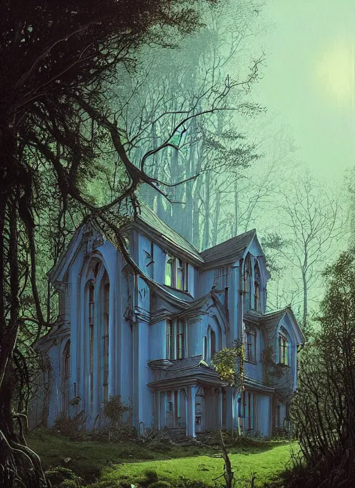 Image similar to hyper realistic witchy modern gothic house with mood lighting and tech in the woods gorgeous lighting, sunbeams blue sky, highly detailed, lush forest foliage painting by zdzisław beksinski and norman rockwell and greg rutkowski weta studio, and lucasfilm