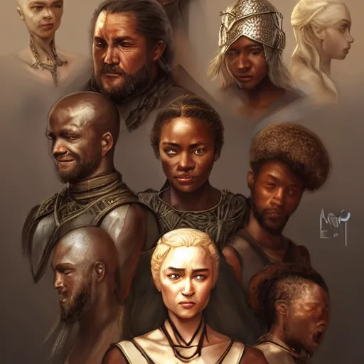 Image similar to the cast of game of thrones as african, anatomy, bathed in light, highly detailed, photorealistic, artstation, smooth, sharp focus, illustration, unreal engine 5, 8 k, art by artgerm and greg rutkowski and edgar maxence