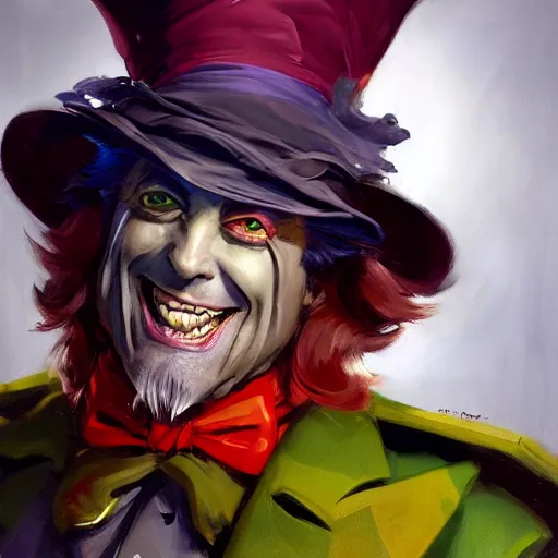 Image similar to greg manchess portrait painting of partially armored mad hatter from alice in wonderland as overwatch character, wacky, medium shot, asymmetrical, profile picture, organic painting, sunny day, matte painting, bold shapes, hard edges, street art, trending on artstation, by huang guangjian and gil elvgren and jesper ejsing