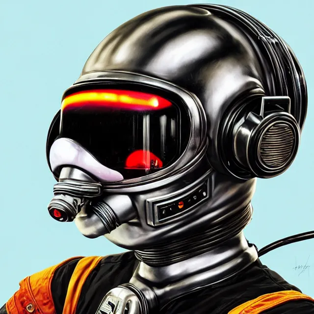 Image similar to a portrait of an anthropomorphic cyberpunk chimp in a racing helmet by sandra chevrier, detailed render, tape deck, boombox, headphones, epic composition, cybernetics, 4 k realistic, cryengine, realistic shaded lighting, sharp focus, masterpiece, by matteo scalera, gary montalbano, peter elson in the style of the tokyo ghost comic