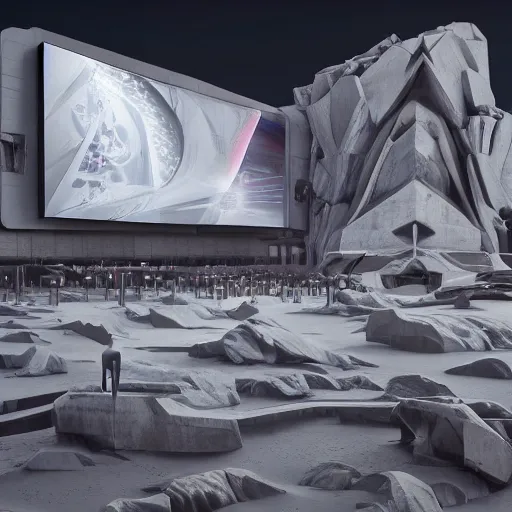 Prompt: sci-fi organic brutalism speed dynamic o x u wall structure on the coronation of napoleon painting and digital screen billboard in the middle, unreal engine 5, keyshot, octane, artstation trending, ultra high detail, ultra realistic, cinematic, 8k, 16k, in style of zaha hadid, in style of nanospace artstation, in plastic,dark, tilt shift,