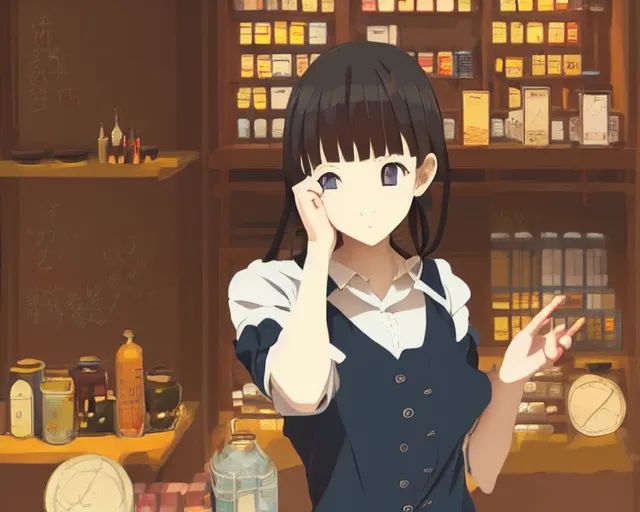 Image similar to anime visual, portrait of a young female traveler in a alchemist's shop interior, low light, cute face by ilya kuvshinov, yoh yoshinari, katsura masakazu, studio lighting, dynamic pose, dynamic perspective, strong silhouette, anime cels, cel shaded, flat shading, crisp and sharp, rounded eyes, moody