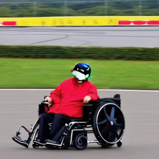 Prompt: xi jinping in a wheelchair racing formula 1 track