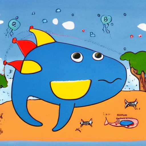 Prompt: a happy whale by richard scarry