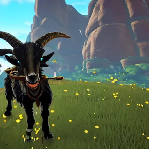 Prompt: an anthropomorphic black goat in breath of the wild, screenshot