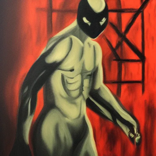 Prompt: Demon ninja warrior, Acrylic on canvas, low-key lighting, low angle, somber, sinister, doom, haunting