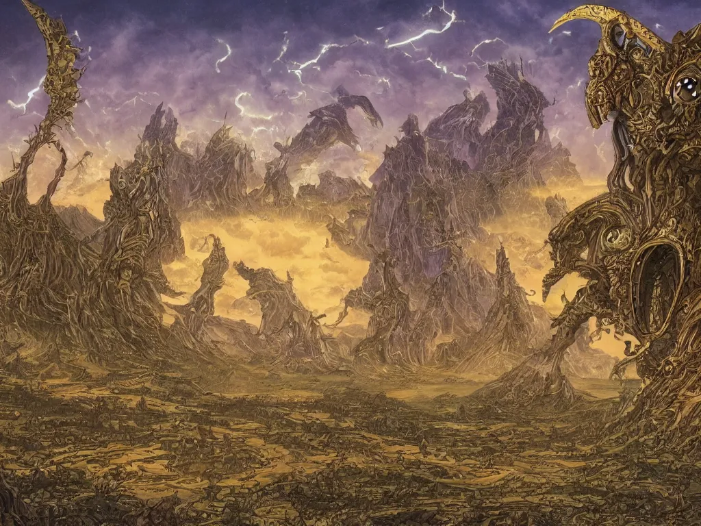 Image similar to fantasy landscape made by moebius with a 8 eyed humanoid god dealing cards over a medieval field