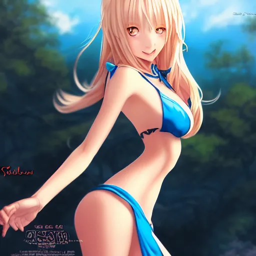 Image similar to a very beautiful young anime giantess, from below perspective,, full body, long wavy blond hair, sky blue eyes, full round face, evil grin, bikini, miniskirt, front view, mid - shot, highly detailed, cinematic wallpaper by stanley artgerm lau