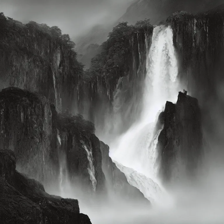 Prompt: dark and moody photo by ansel adams and peder balke, a giant tall huge woman in an extremely long dress made out of waterfalls, standing inside a green mossy irish rocky scenic landscape, huge waterfall, volumetric lighting, backlit, atmospheric, fog, extremely windy, soft focus